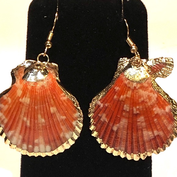 Genuine Orange Sea Shell Scallop Earrings